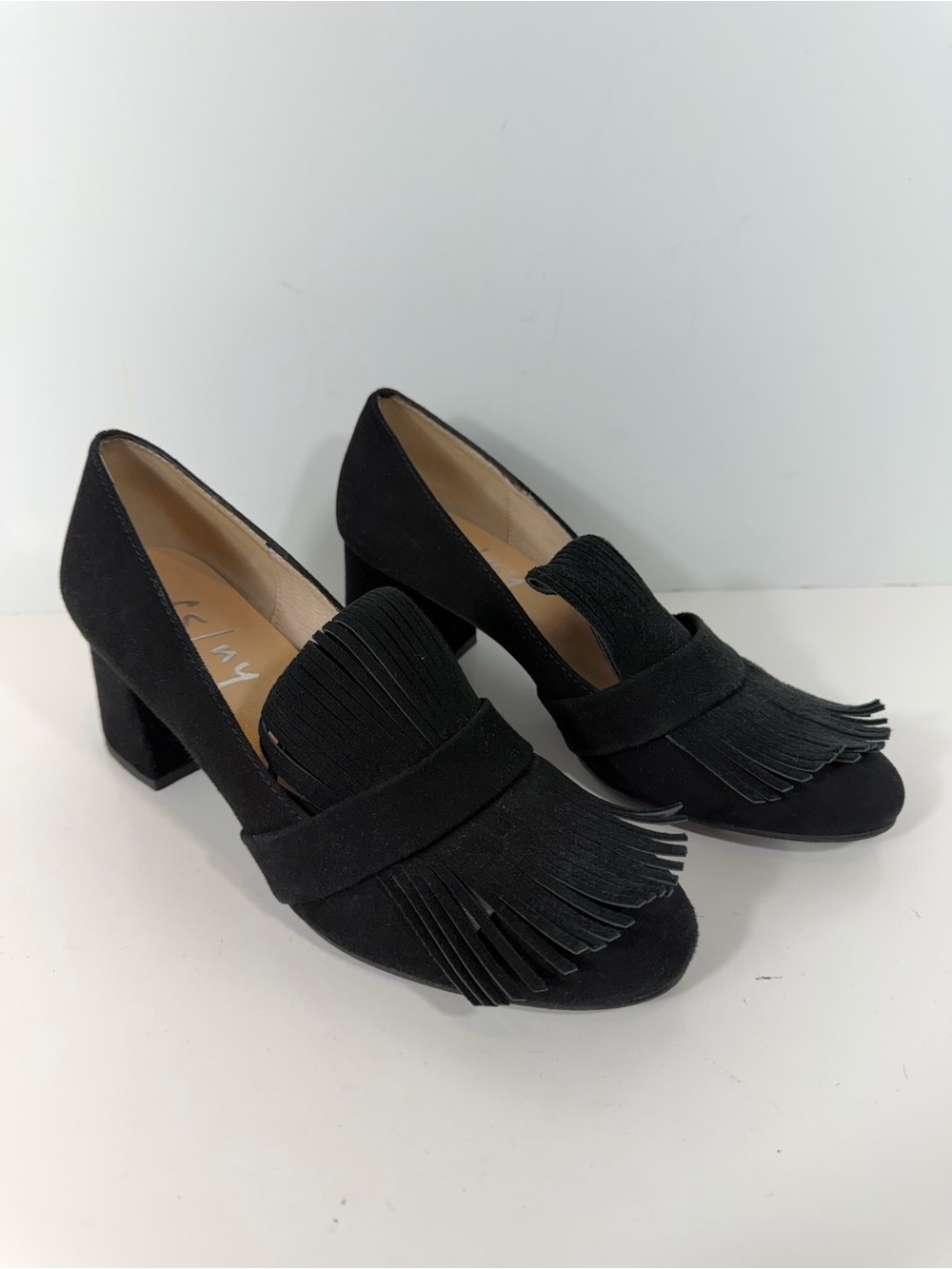 FS/NY Black Suede Fringe Loafer Block Heel Pumps Women’s Size 6.5 Spain